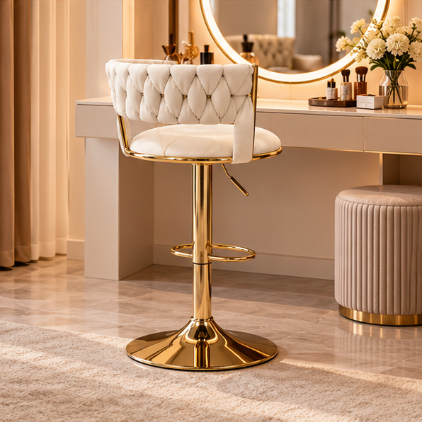 White Velvet Bar Stool with Gold Base & Footrest