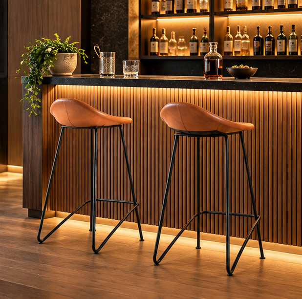 Leather Bar Stool – Tan Saddle Seat, Black Metal Frame | Furniba