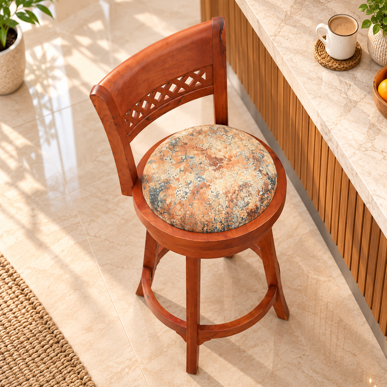 Wooden Bar Stool with Upholstered Seat & Backrest – Honey & Walnut