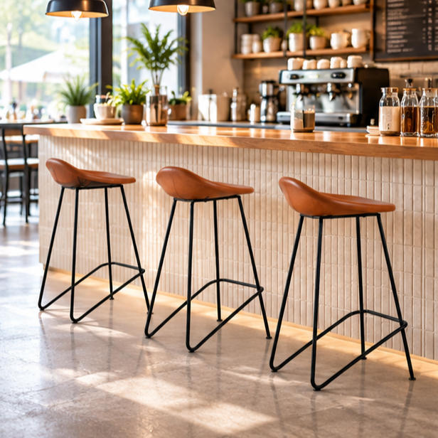 Leather Bar Stool – Tan Saddle Seat, Black Metal Frame | Furniba