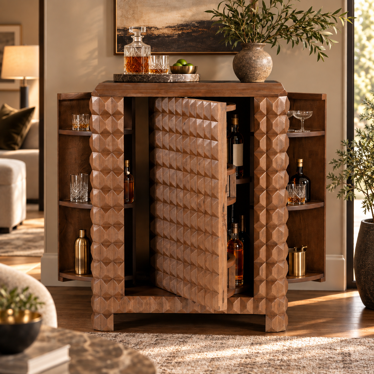 Wooden Bar Cabinet with 3D Diamond Carved Doors | Furniba