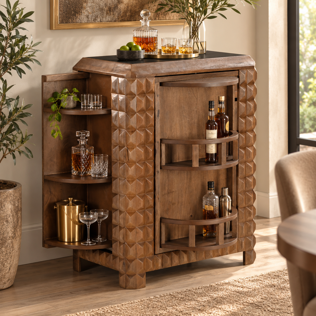 Wooden Bar Cabinet with 3D Diamond Carved Doors | Furniba