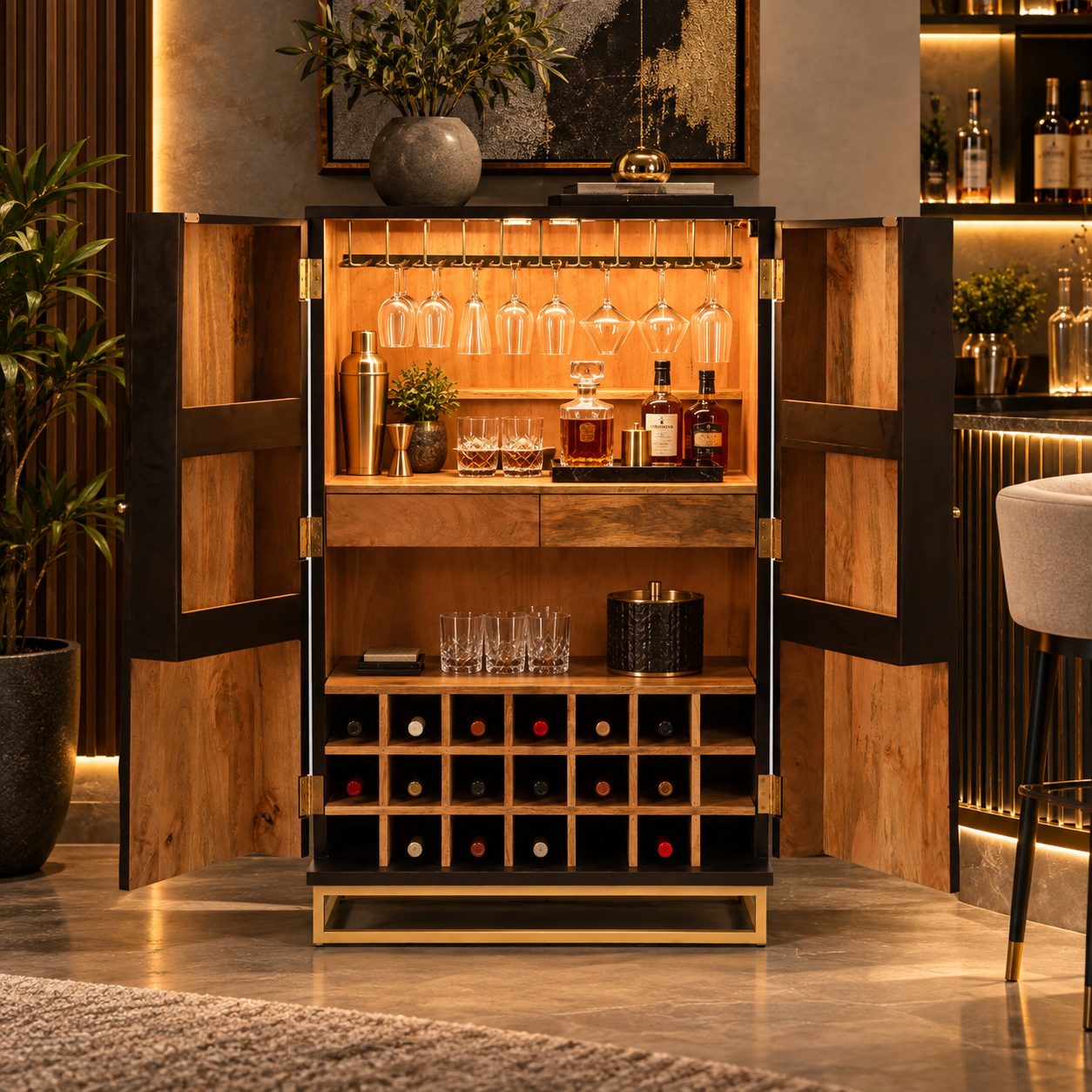 Bar Cabinet with Wine Rack, Carved Wooden Doors & LED | Furniba