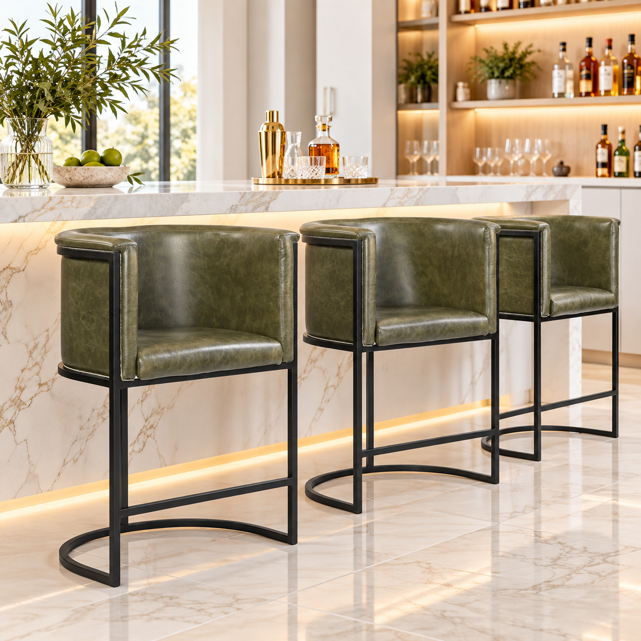 Olive Green Bar Stool with Back – Metal Frame & Footrest | Furniba