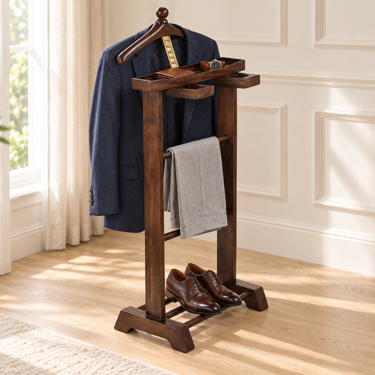 Wooden Valet Stand with Accessory Trays & Shoe Rack | Furniba