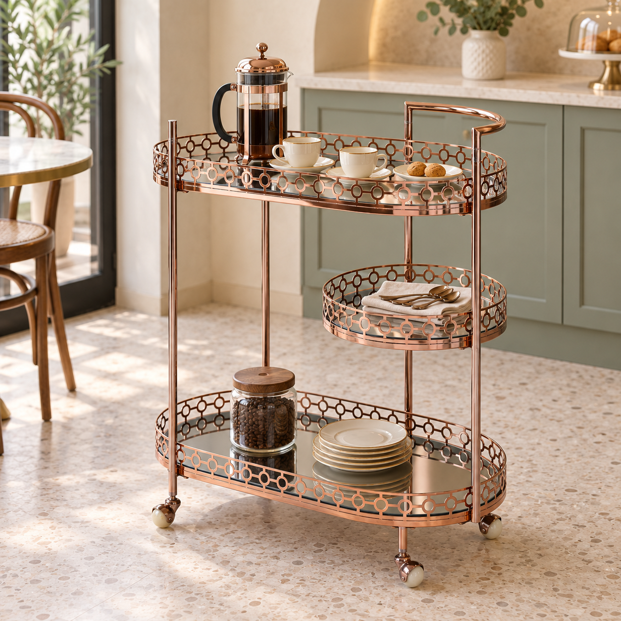 3 Tier Bar Trolley – Rose Gold Tone Oval Serving Cart | Furniba