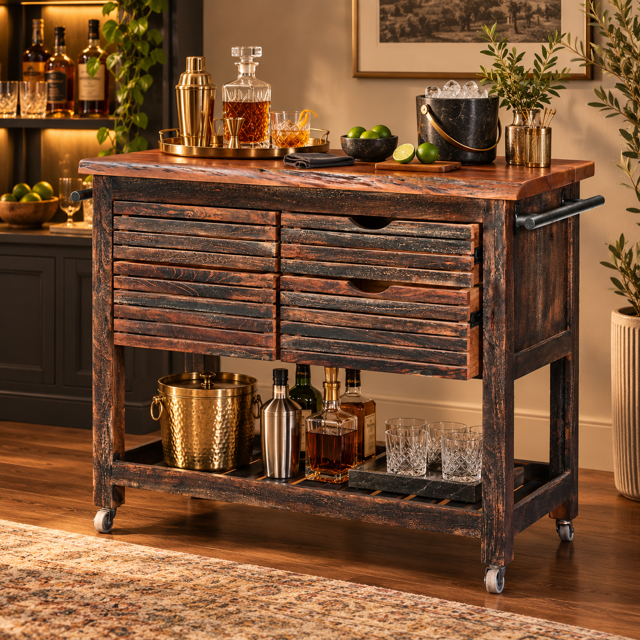 Wooden Kitchen Trolley with 4 Drawers & Open Shelf | Furniba