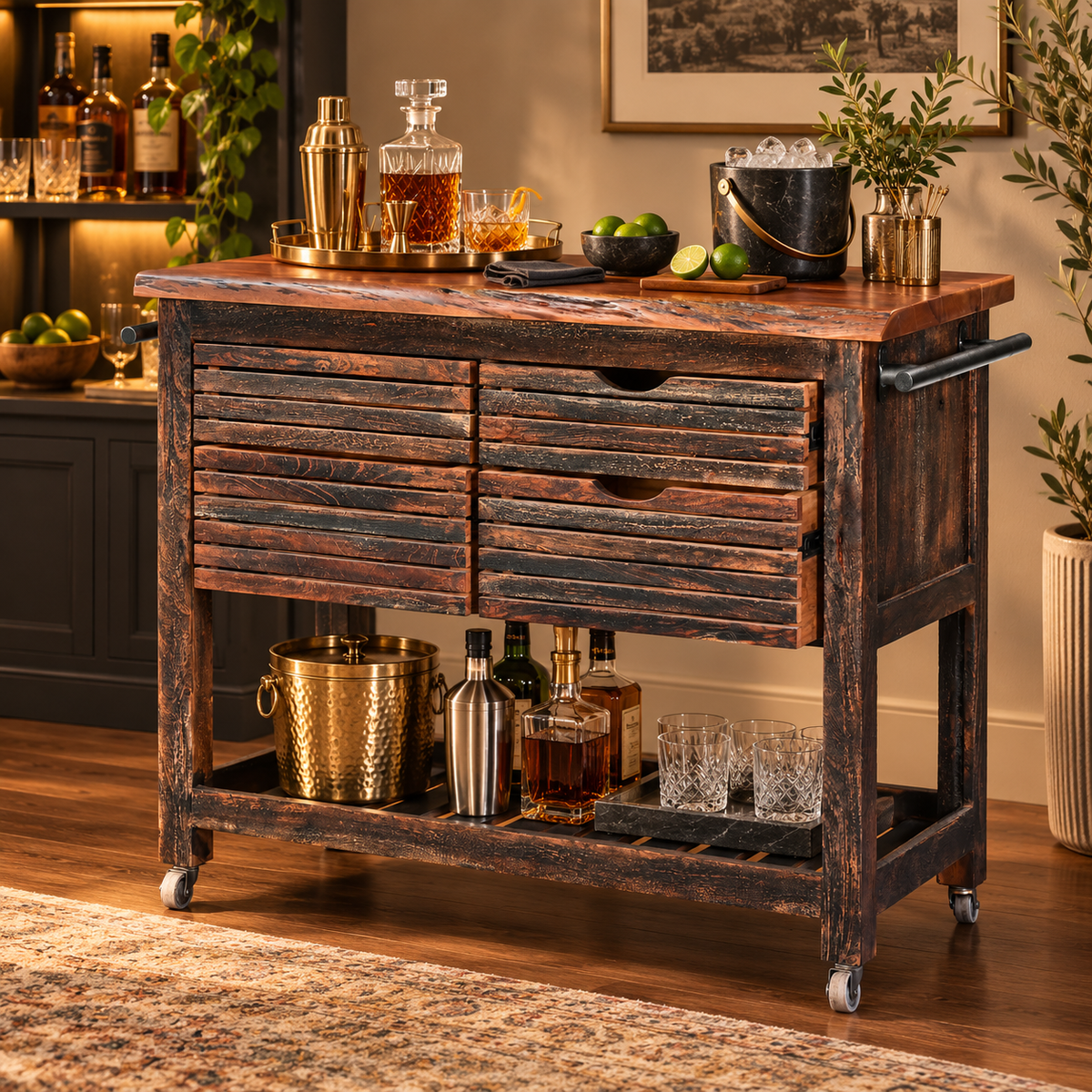 Wooden Kitchen Trolley with 4 Drawers & Open Shelf | Furniba