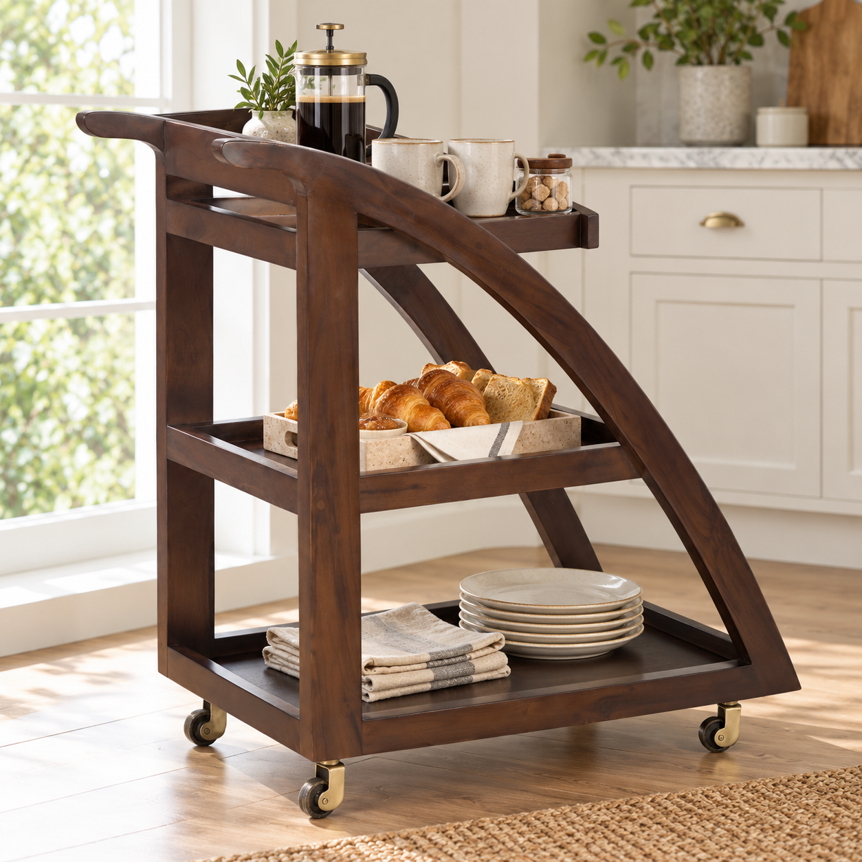 Wooden Serving Trolley – Curved Frame & Stepped Trays | Furniba