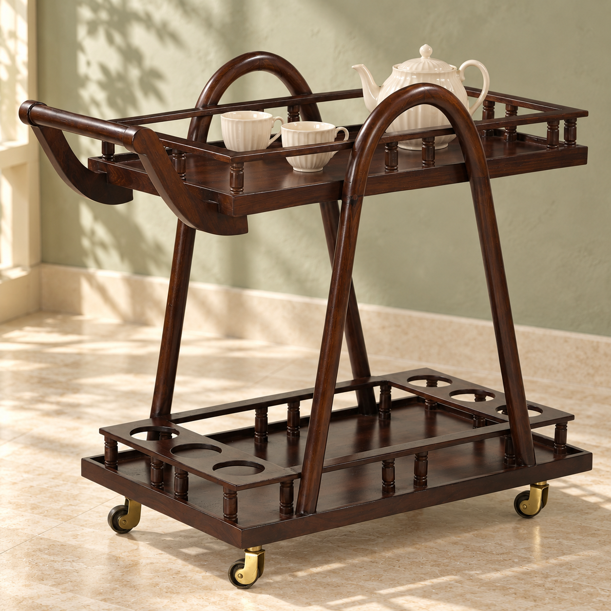 Wooden Bar Trolley – 2 Shelves & 6 Bottle Slots | Furniba