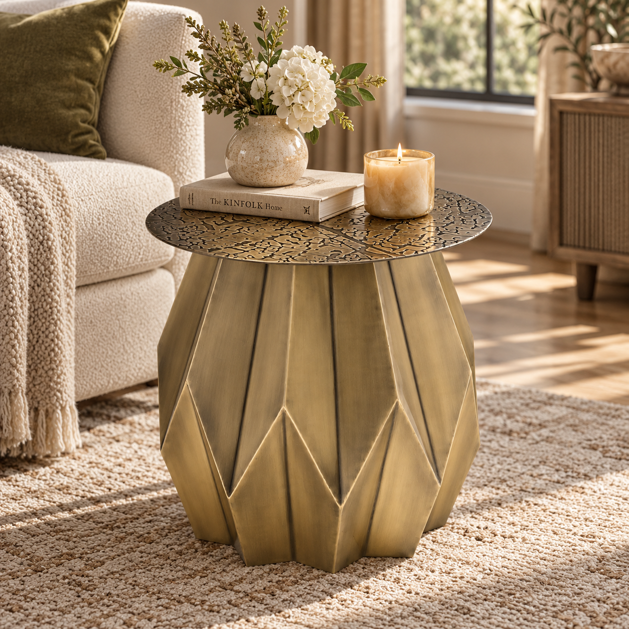 Metal Accent Table – Flower Design in Antique Gold | Furniba