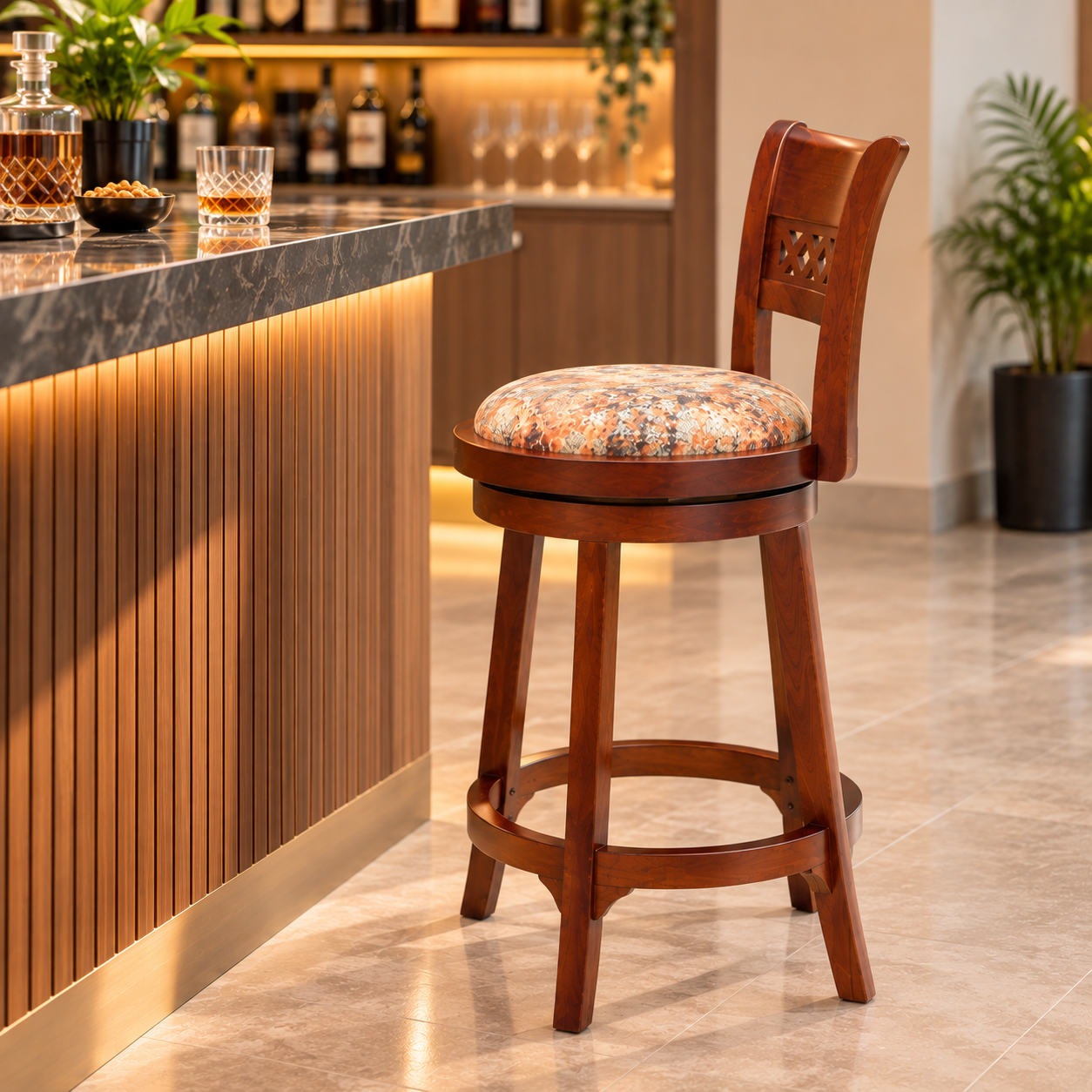 Wooden Bar Stool with Upholstered Seat & Backrest – Honey & Walnut