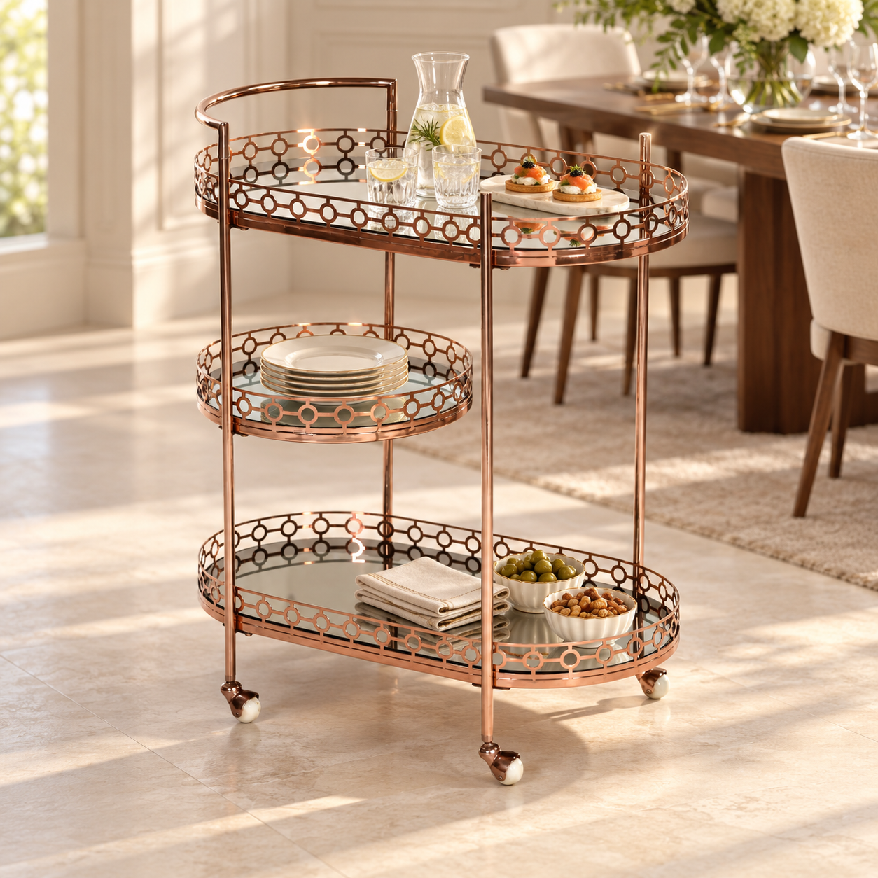3 Tier Bar Trolley – Rose Gold Tone Oval Serving Cart | Furniba