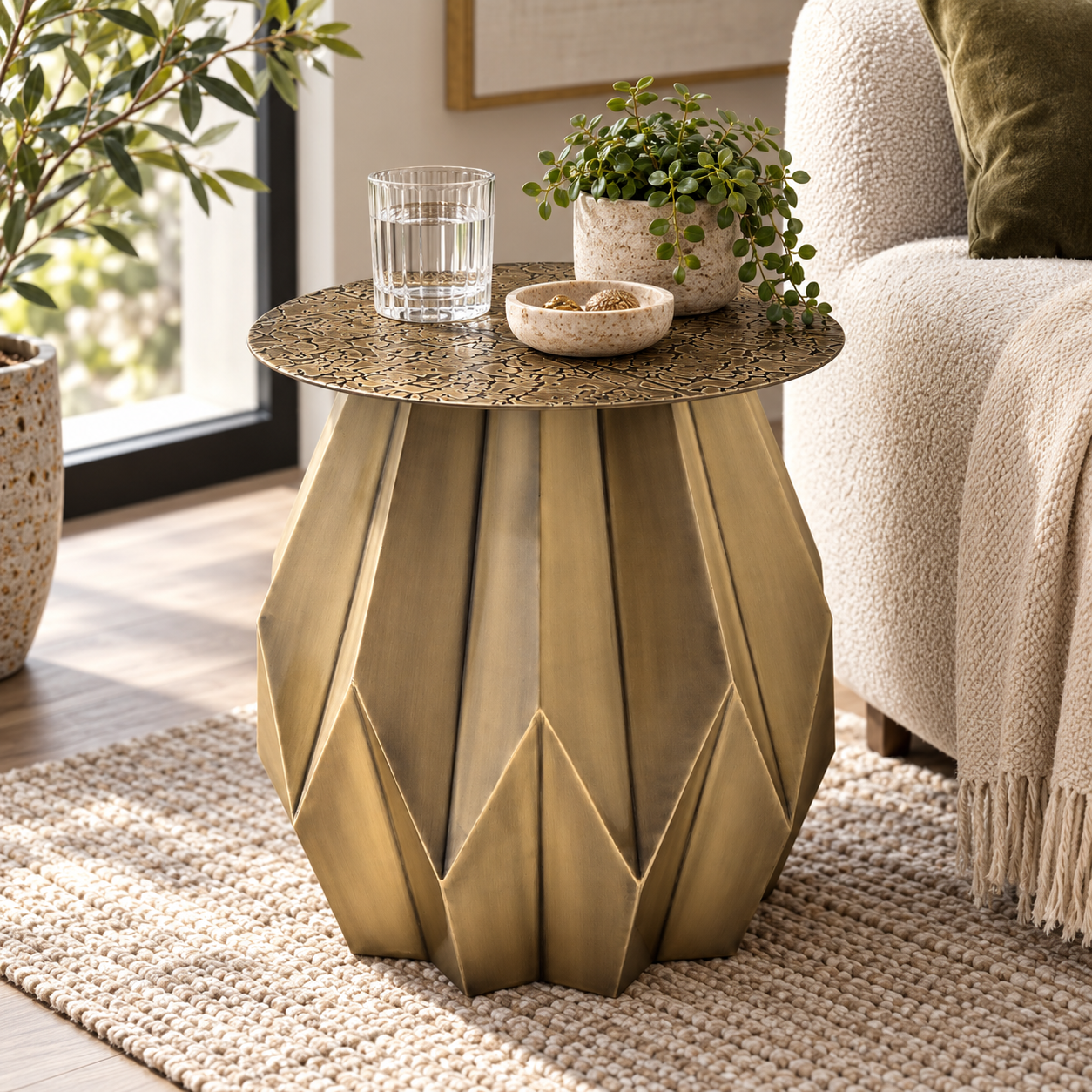 Metal Accent Table – Flower Design in Antique Gold | Furniba