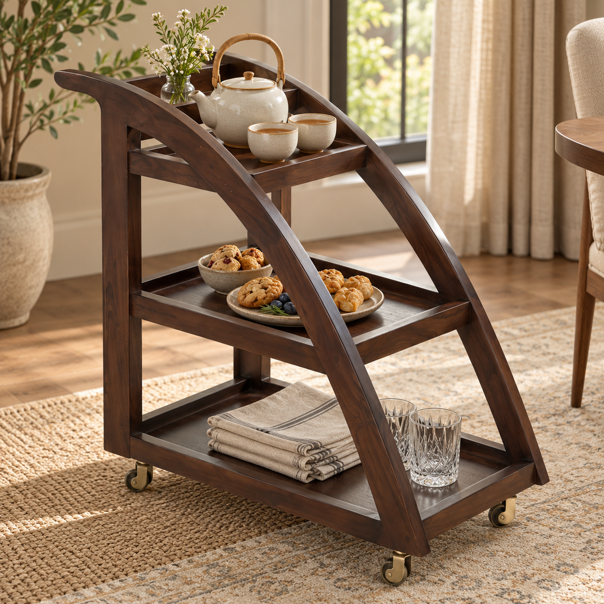 Wooden Serving Trolley – Curved Frame & Stepped Trays | Furniba