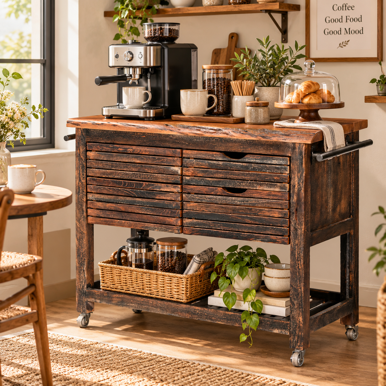 Wooden Kitchen Trolley with 4 Drawers & Open Shelf | Furniba