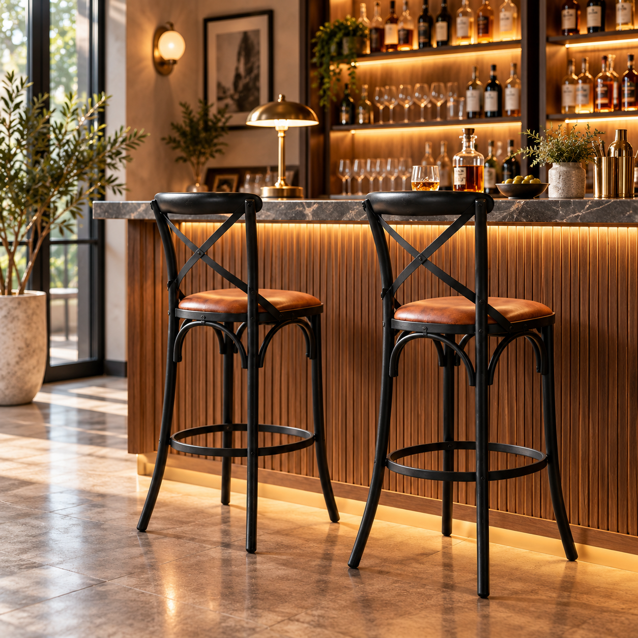 Metal Cross-Back Bar Chair – Crosston Leather-Look | Furniba