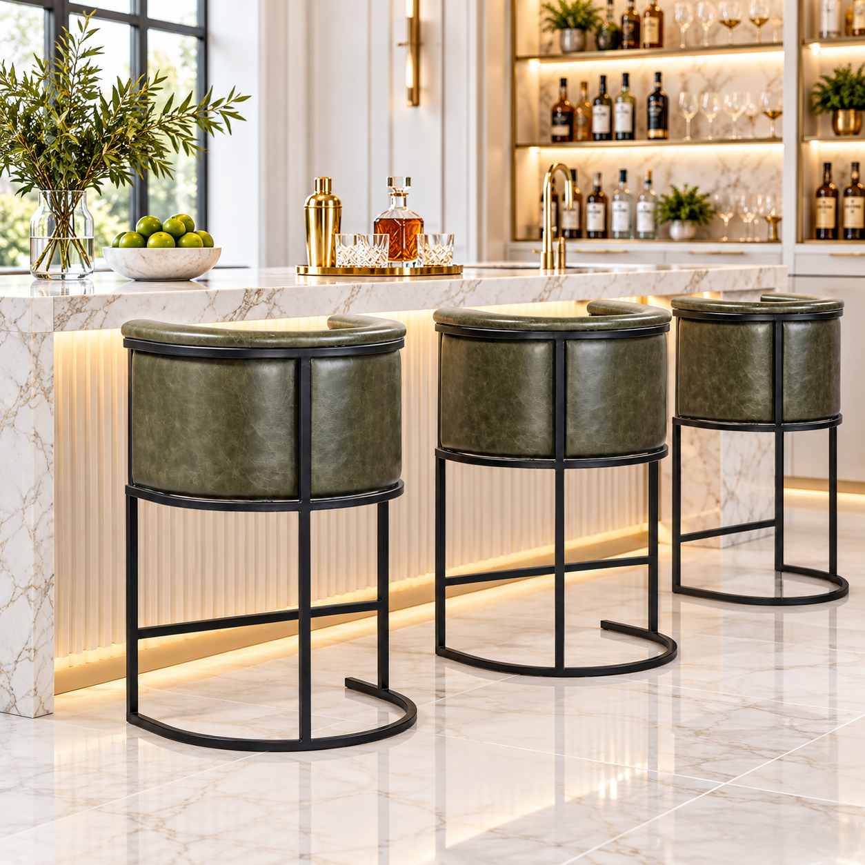 Olive Green Bar Stool with Back – Metal Frame & Footrest | Furniba