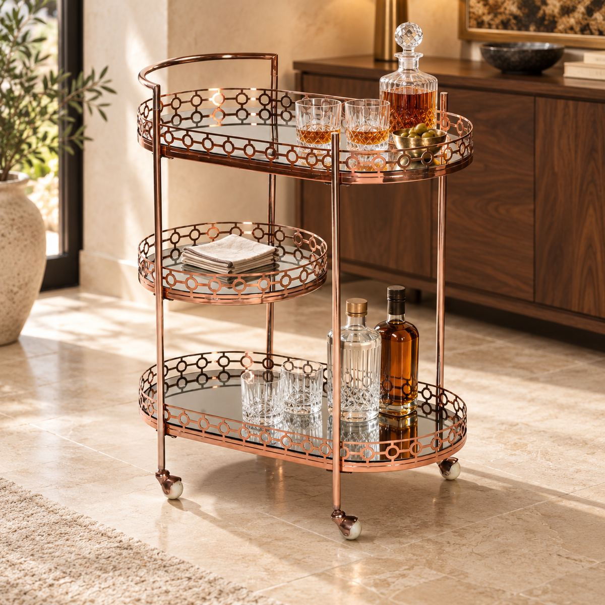 3 Tier Bar Trolley – Rose Gold Tone Oval Serving Cart | Furniba