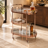 3 Tier Bar Trolley – Rose Gold Tone Oval Serving Cart | Furniba
