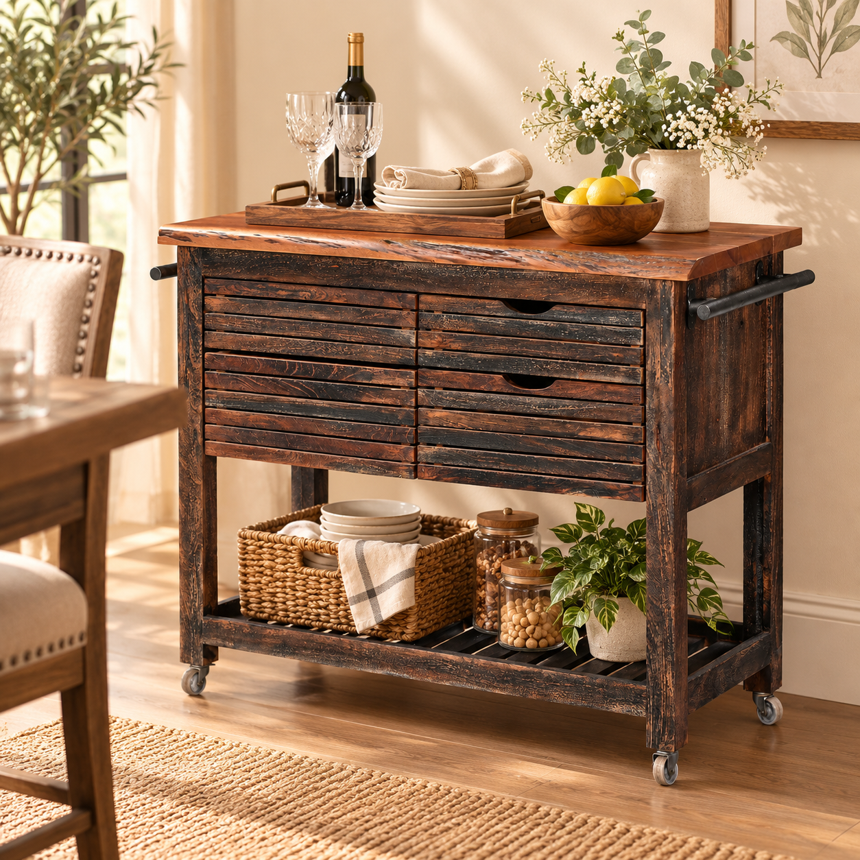 Wooden Kitchen Trolley with 4 Drawers & Open Shelf | Furniba