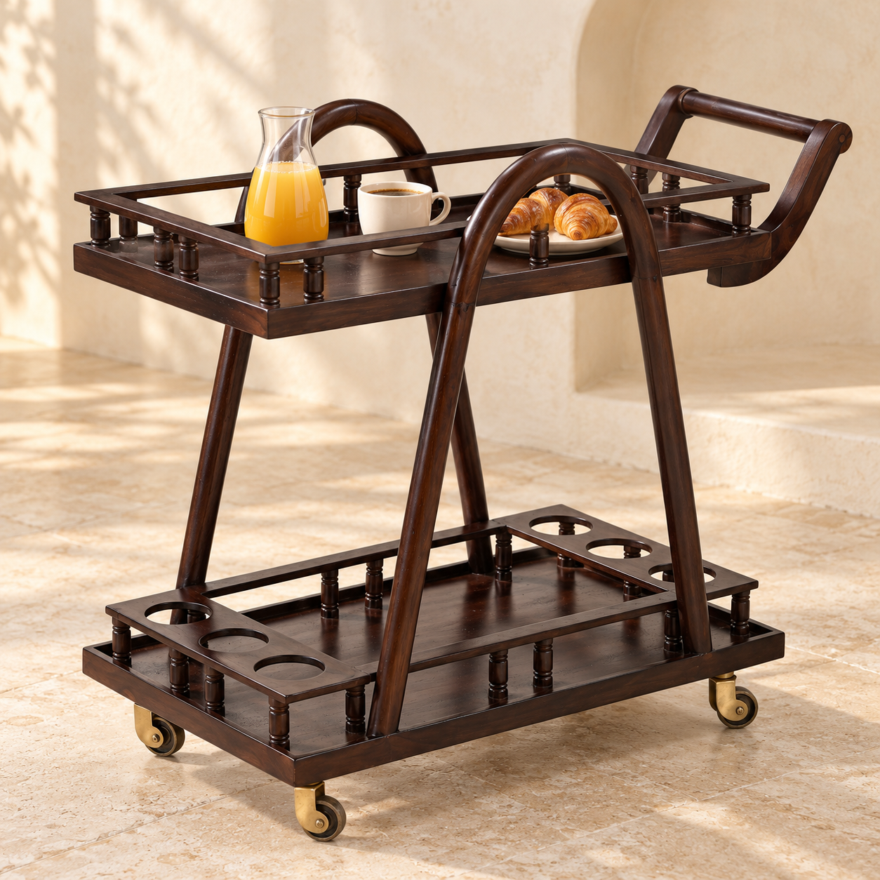 Wooden Bar Trolley – 2 Shelves & 6 Bottle Slots | Furniba