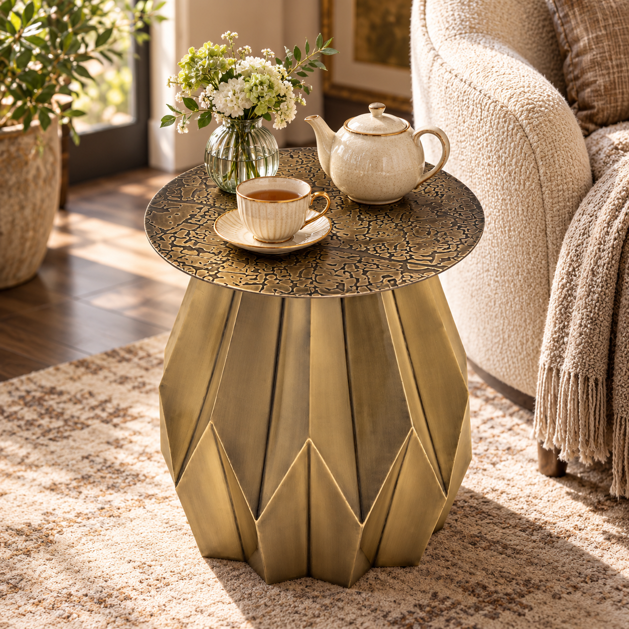 Metal Accent Table – Flower Design in Antique Gold | Furniba