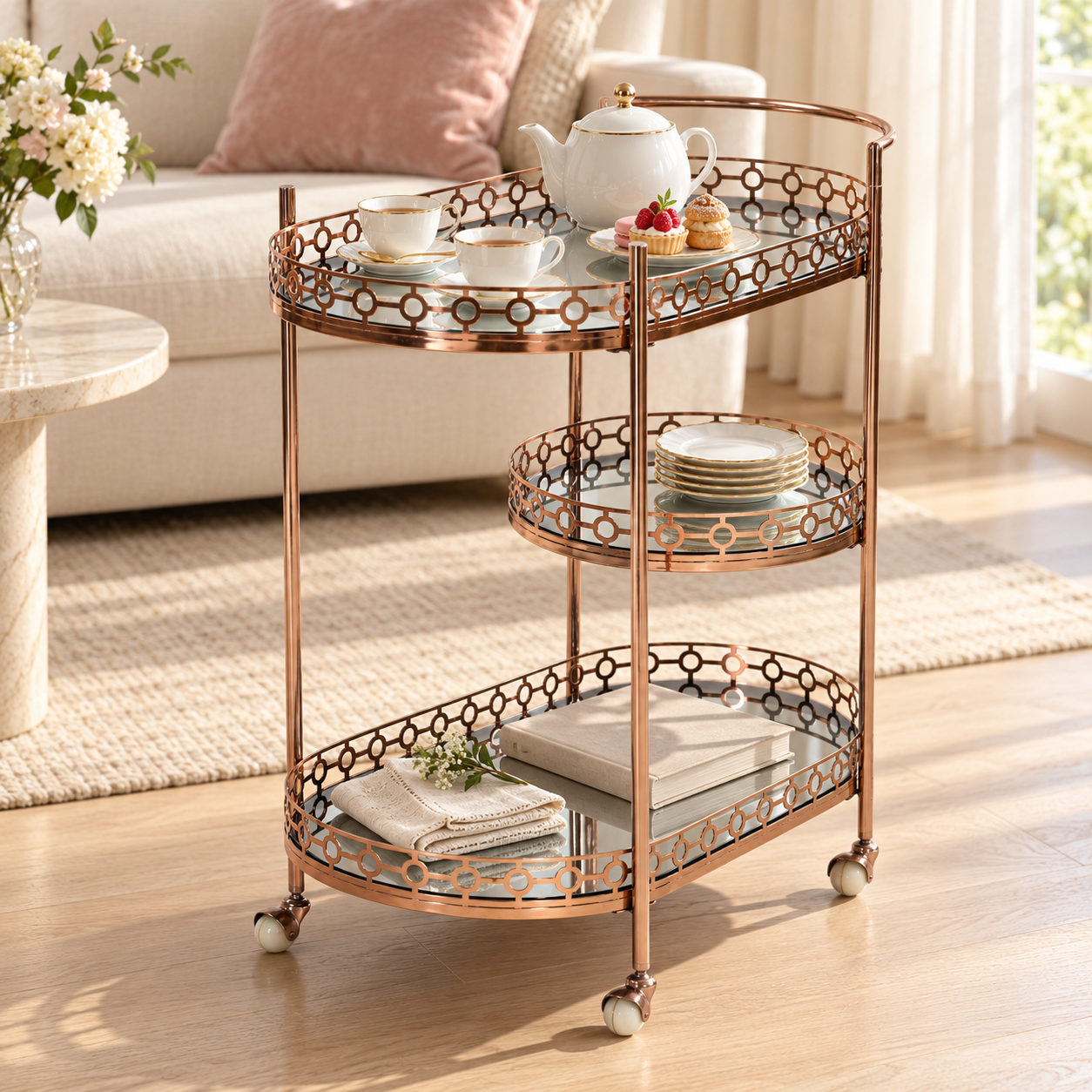 3 Tier Bar Trolley – Rose Gold Tone Oval Serving Cart | Furniba