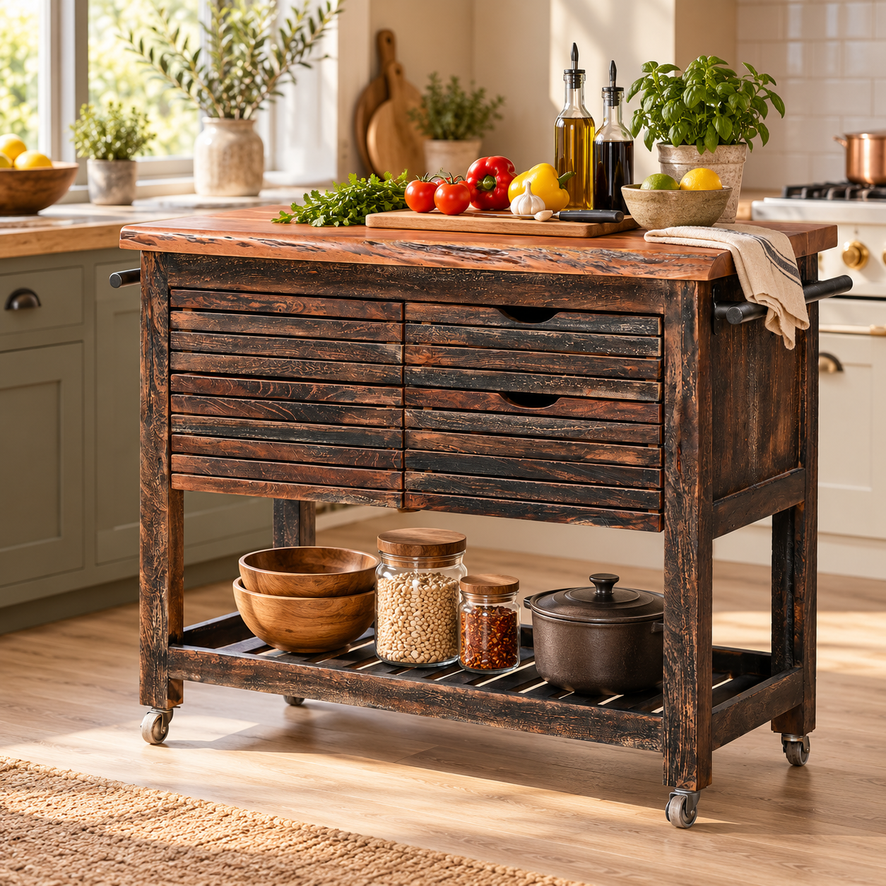 Wooden Kitchen Trolley with 4 Drawers & Open Shelf | Furniba