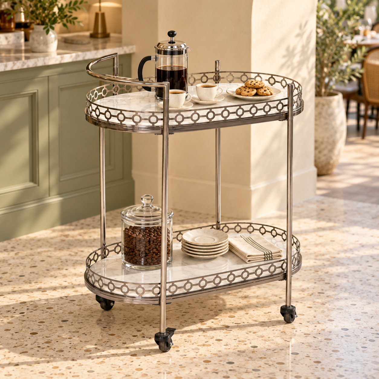 Metal Bar Trolley – Oval 2-Tier Serving Cart with Wheels | Furniba