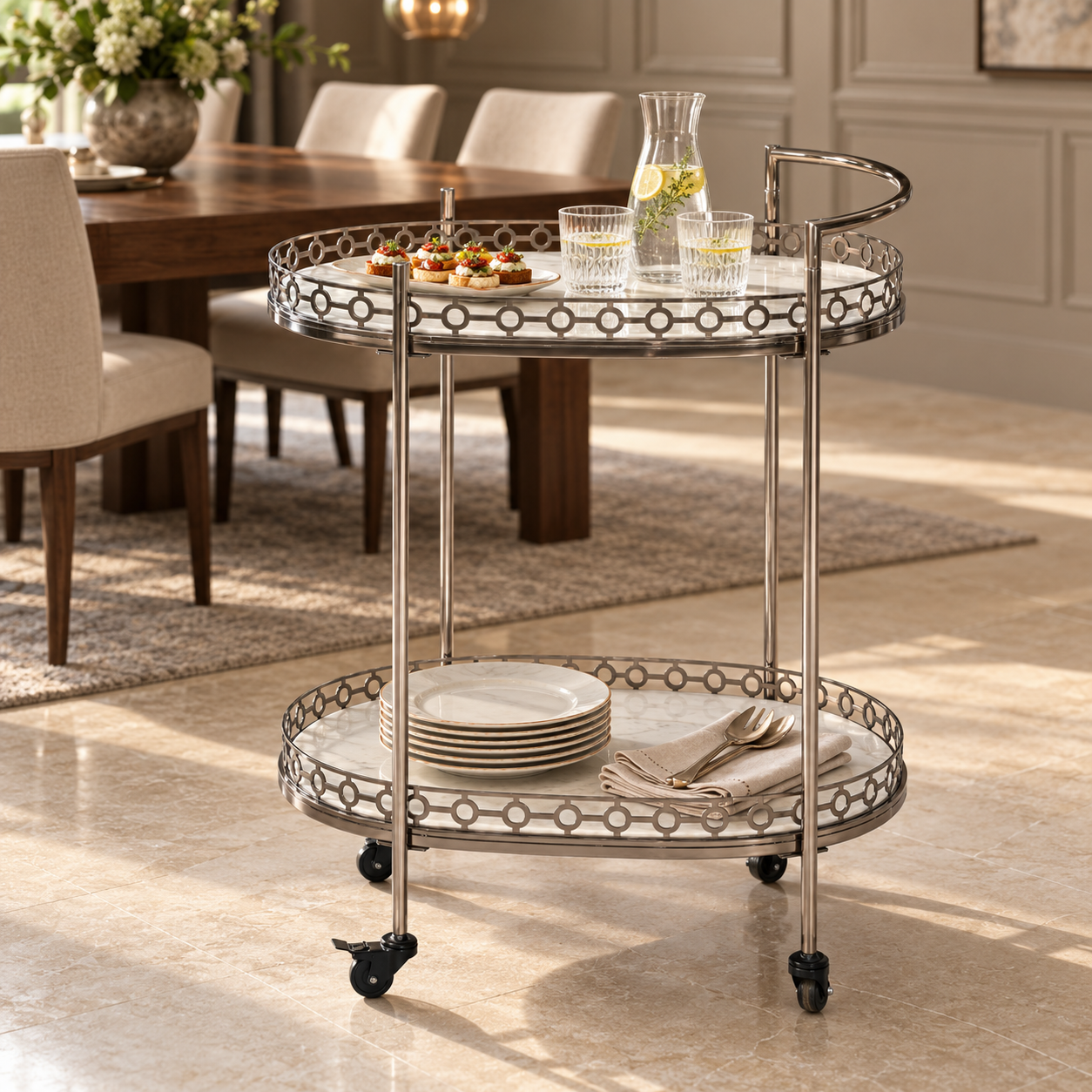Metal Bar Trolley – Oval 2-Tier Serving Cart with Wheels | Furniba